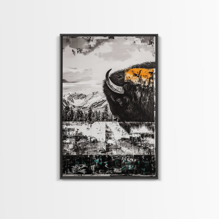 Buffalo Portrait, Western Art, Rustic Cabin Wall Decor, Wildlife Art, Black and White Animal Painting, Nature Scene, Canvas Print
