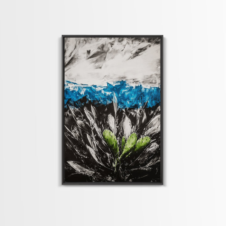 Desert Cactus Painting, Blue Sky Black White, Framed Canvas Print, Modern Southwest Art, Rustic Wall Decor, Minimalist Nature Art