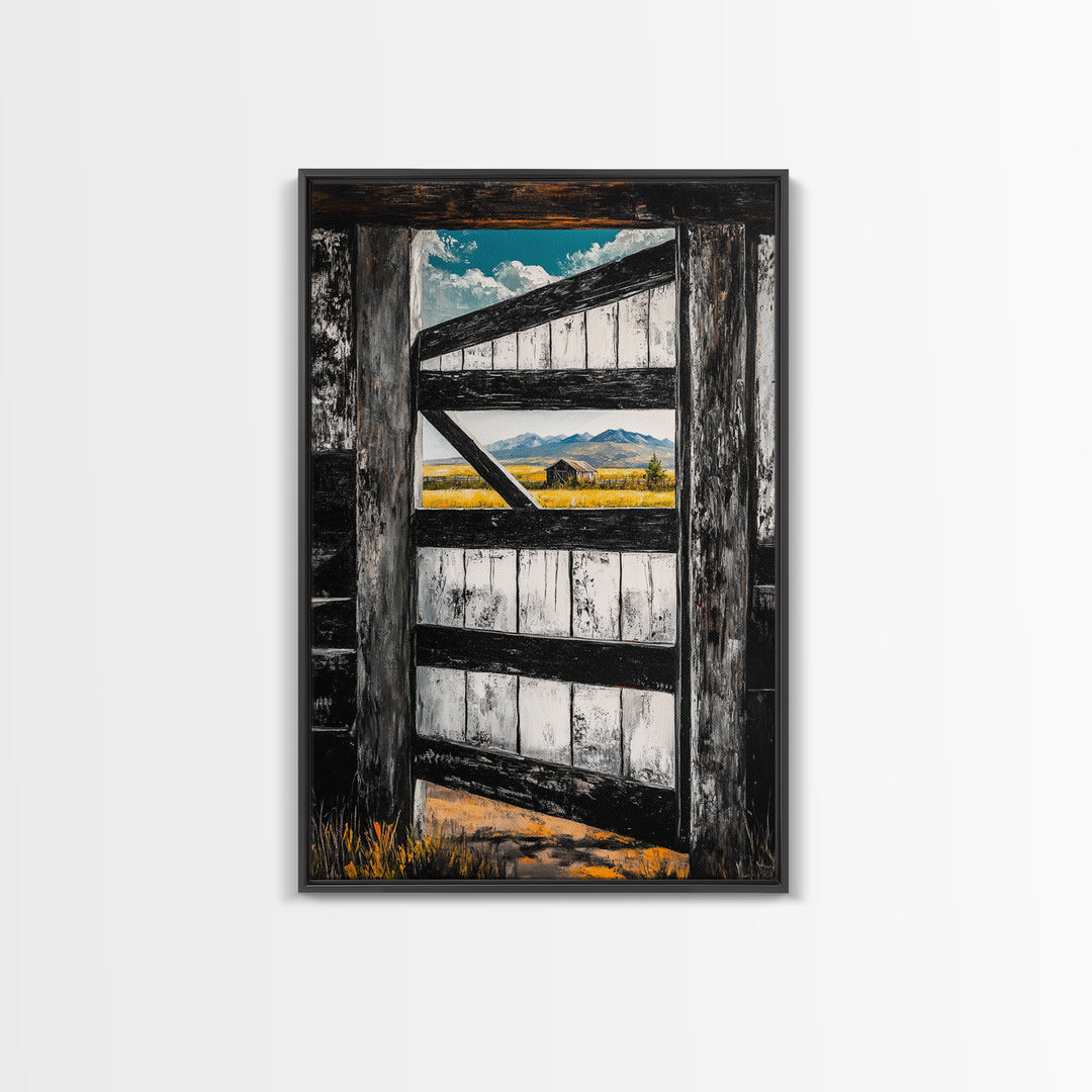 Barn Door View, Mountain Escape, Rustic Scene, Framed Canvas Print, Western Wall Art, Cabin Decor, Farmhouse Style, Country Living