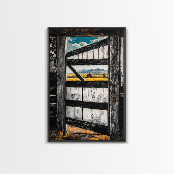 Barn Door View, Mountain Escape, Rustic Scene, Framed Canvas Print, Western Wall Art, Cabin Decor, Farmhouse Style, Country Living