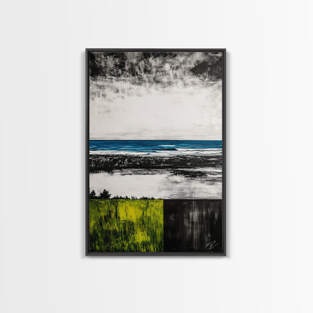 Ocean Horizon, Modern Seascape, Coastal Wall Art, Blue Waters, Black and White Art, Framed Canvas Print, Living Room Decor, Minimalist Art