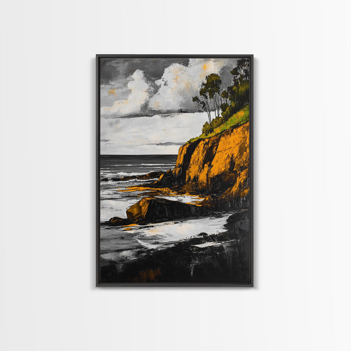 Ocean Cliffs, Coastal Landscape, Golden Tones, Black and White Seascape, Framed Canvas Print, Beach House Wall Art, Office Wall Decor