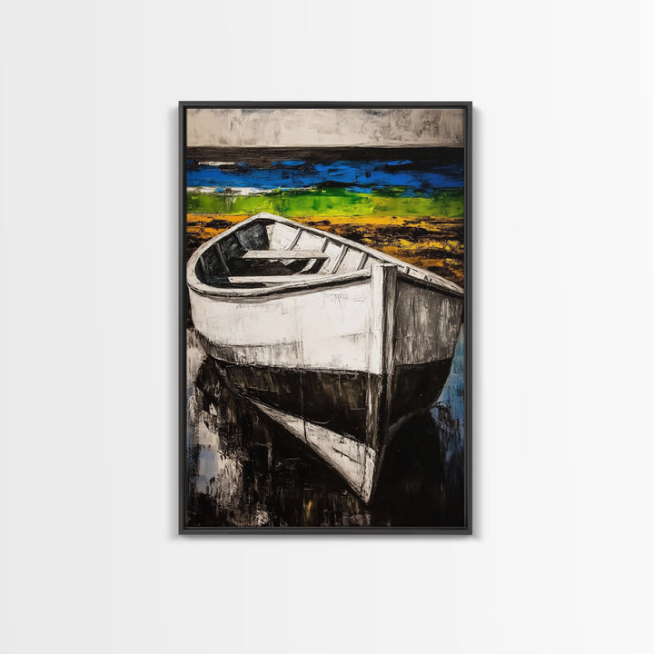 Coastal Rowboat, Black and White Boat Painting, Nautical Seascape Art, Rustic Beach House Decor, Framed Canvas Print, Bedroom Art