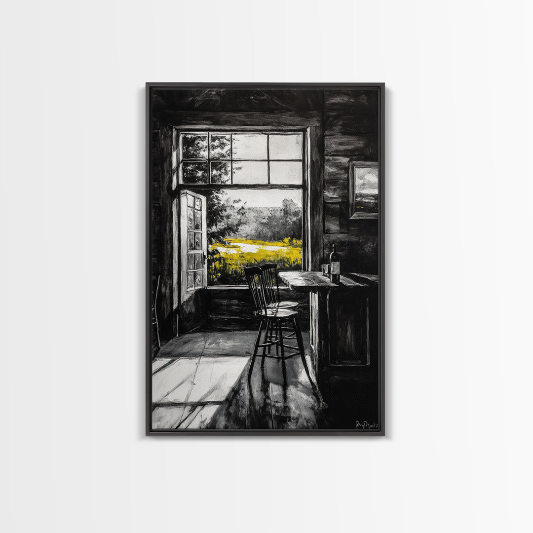 Rustic Cabin View, Black and White with Yellow Accents, Cozy Country Home Art, Framed Canvas Print, Living Room or Dining Room Decor
