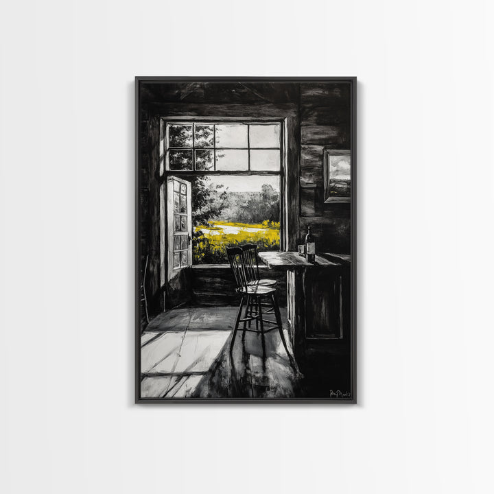 Rustic Cabin View, Black and White with Yellow Accents, Cozy Country Home Art, Framed Canvas Print, Living Room or Dining Room Decor