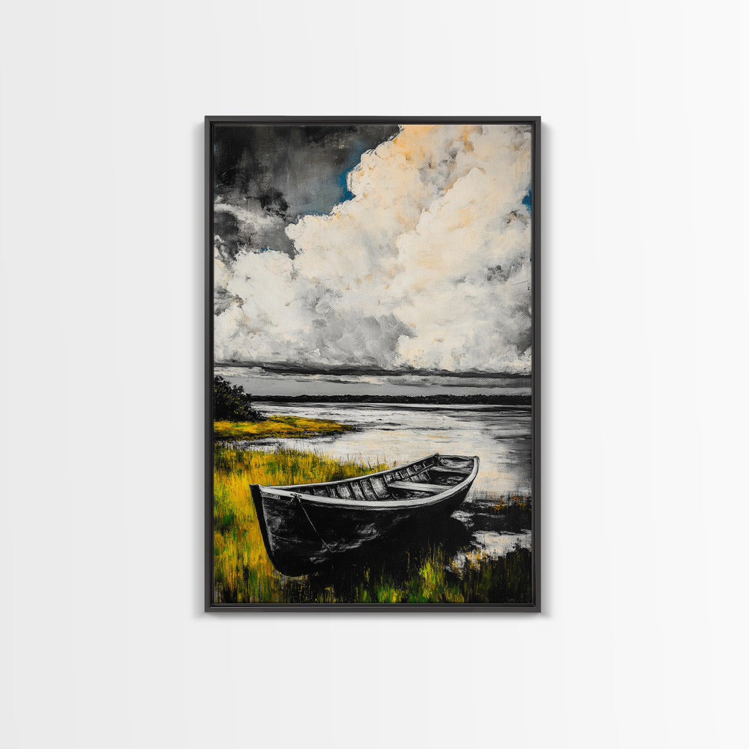 Rowboat Reflection, Rustic Lake Art, Black and White Boat Print, Tranquil Nature Scene, Living Room Wall Decor, Nautical Canvas Print