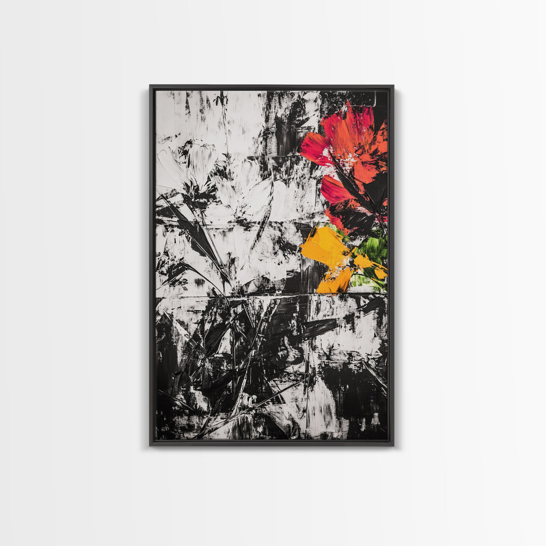 Abstract Flowers, Black and White, Red Floral Art, Bold Wall Decor, Modern Art, Framed Canvas Print, Minimalist Living Room Art