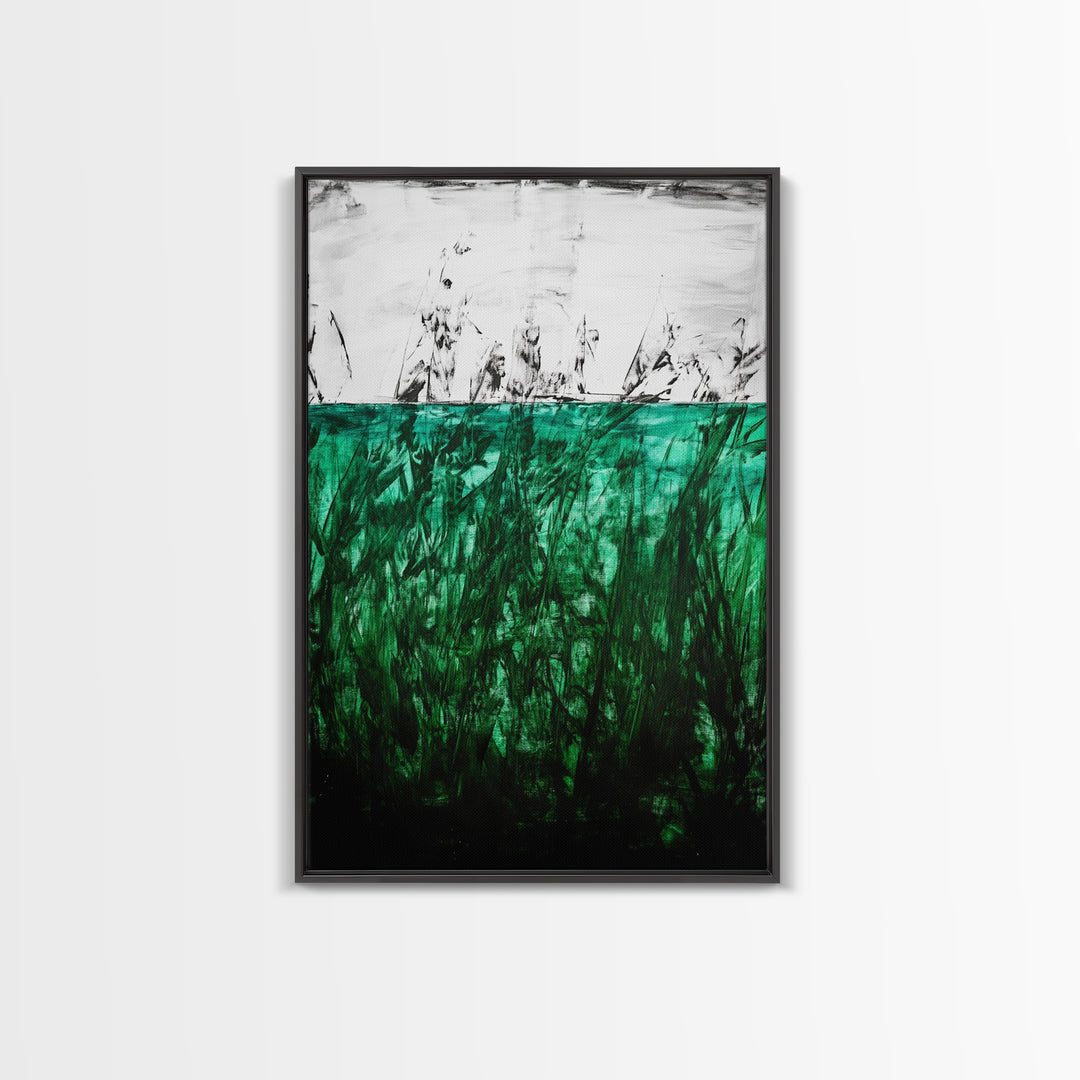Abstract Grassland, Green Nature Art, Minimalist Botanical Wall Decor, Earthy Modern Print, Framed Canvas Print, Living Room Wall Art