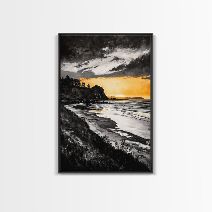 Cliffside Sunset, Golden Sky, Coastal View, Seascape, Framed Canvas Print, Modern Wall Art, Office Decor, Dramatic Landscape