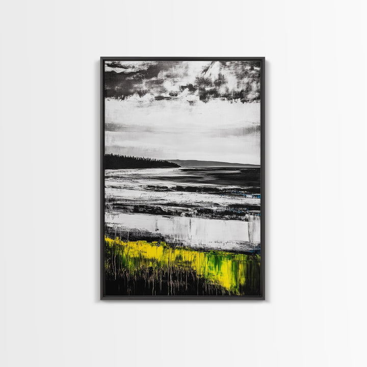 Coastal Shoreline, Misty Landscape, Black and White, Nature Print, Framed Canvas Print, Office Wall Art, Serene Seascape, Minimalist Art