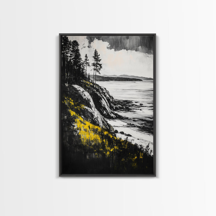 Rocky Coast, Pine Trees, Ocean View, Coastal Landscape, Canvas Print, Cabin Wall Decor, Rustic Home Art, Nature Inspired Painting