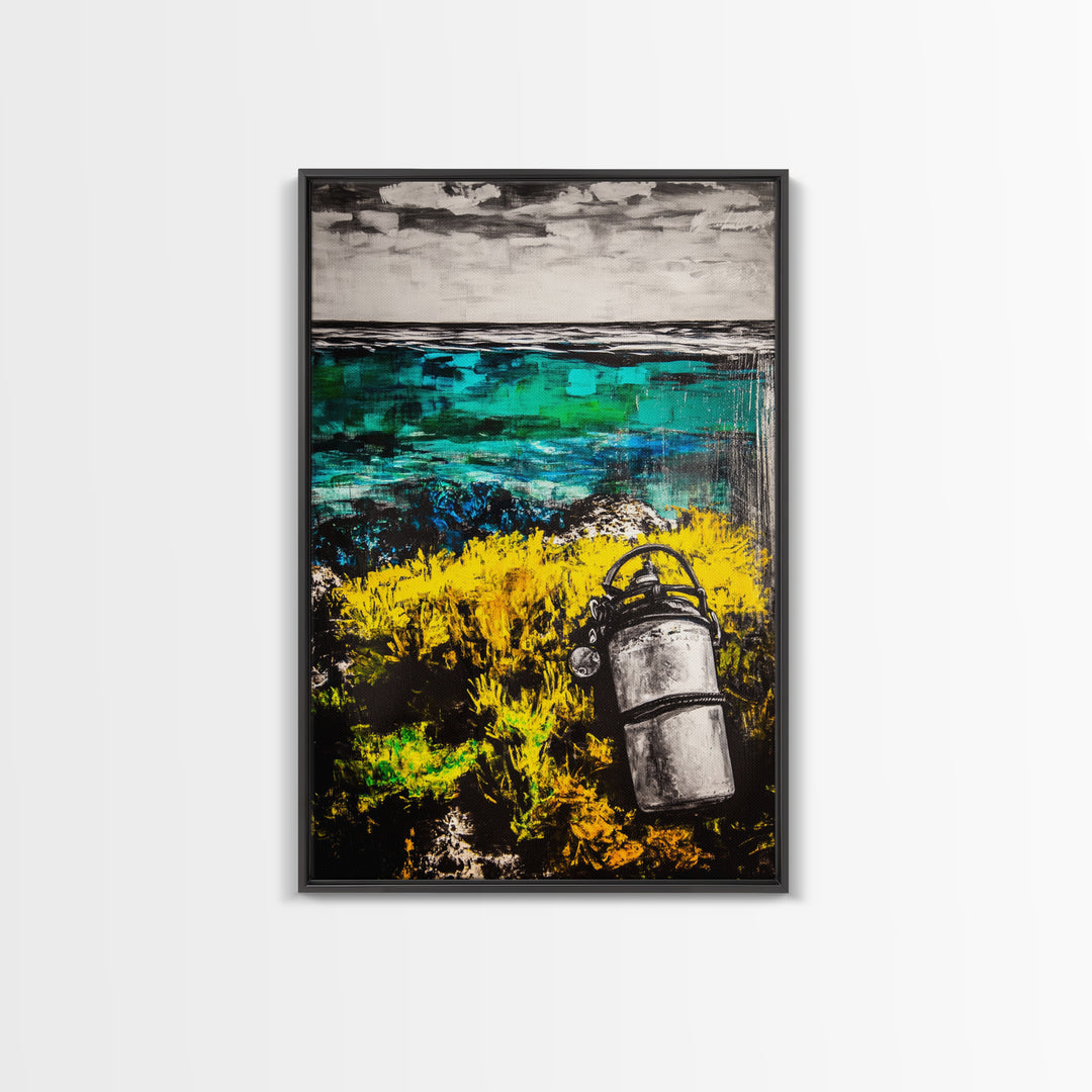 Coastal Lantern, Ocean Shore, Yellow Blue Art, Framed Canvas Print, Nautical Wall Art, Beach House Decor, Rustic Modern Art