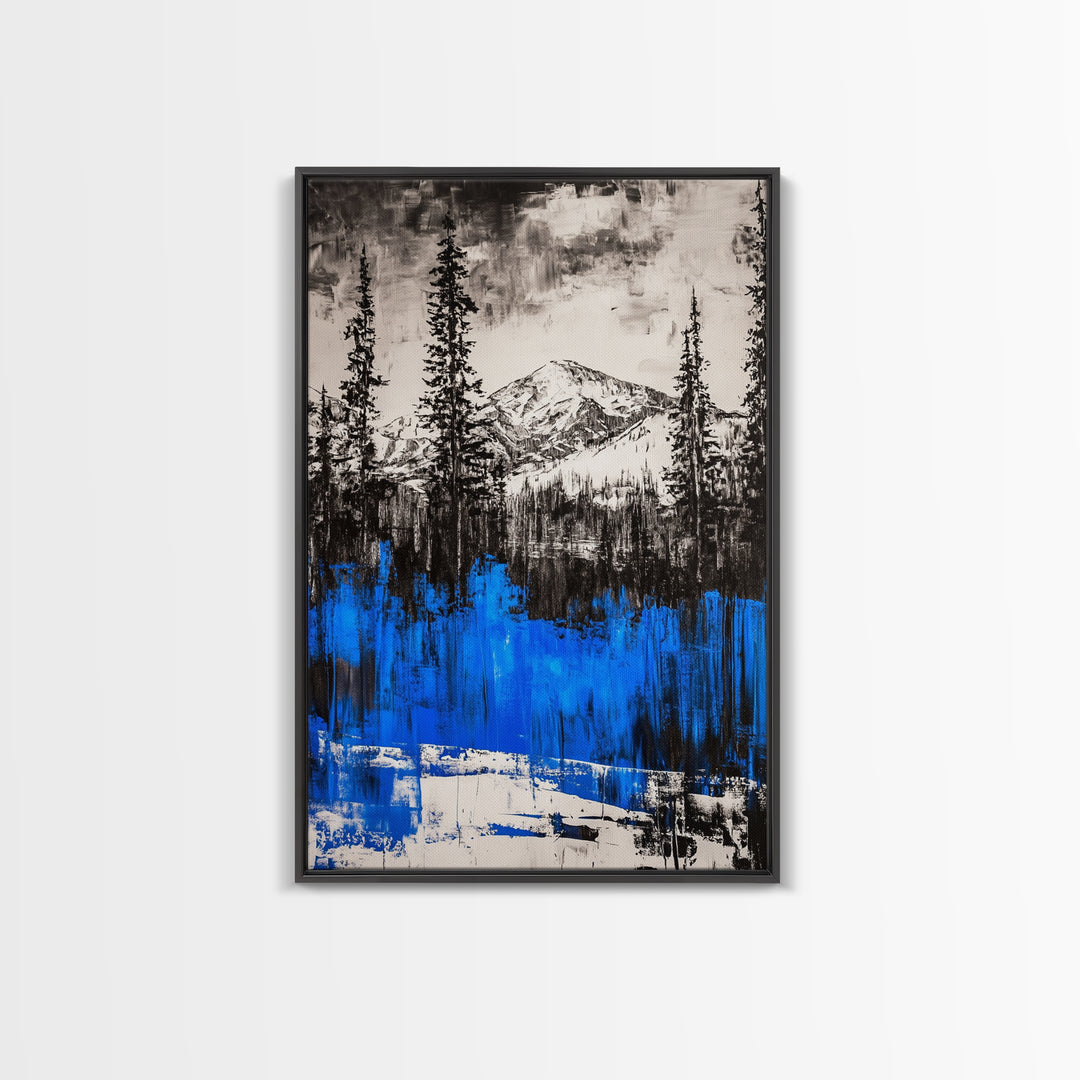Mountain Wilderness, Winter Landscape, Blue Trees, Framed Canvas Print, Cabin Wall Art, Outdoor Lover Gift, Serene Nature Art