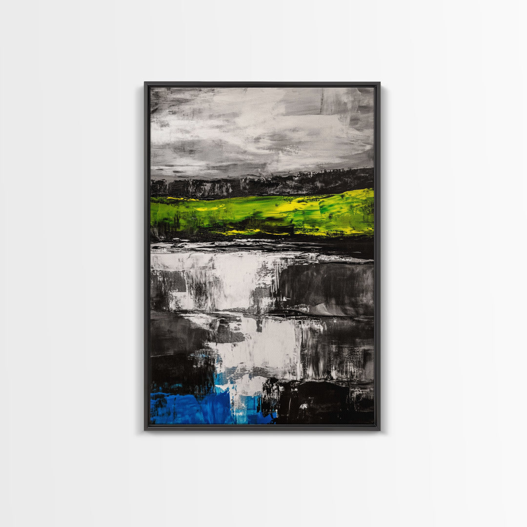 Abstract Landscape, Black White Green, Modern Painting, Framed Canvas Print, Living Room Decor, Minimalist Art, Contemporary Style