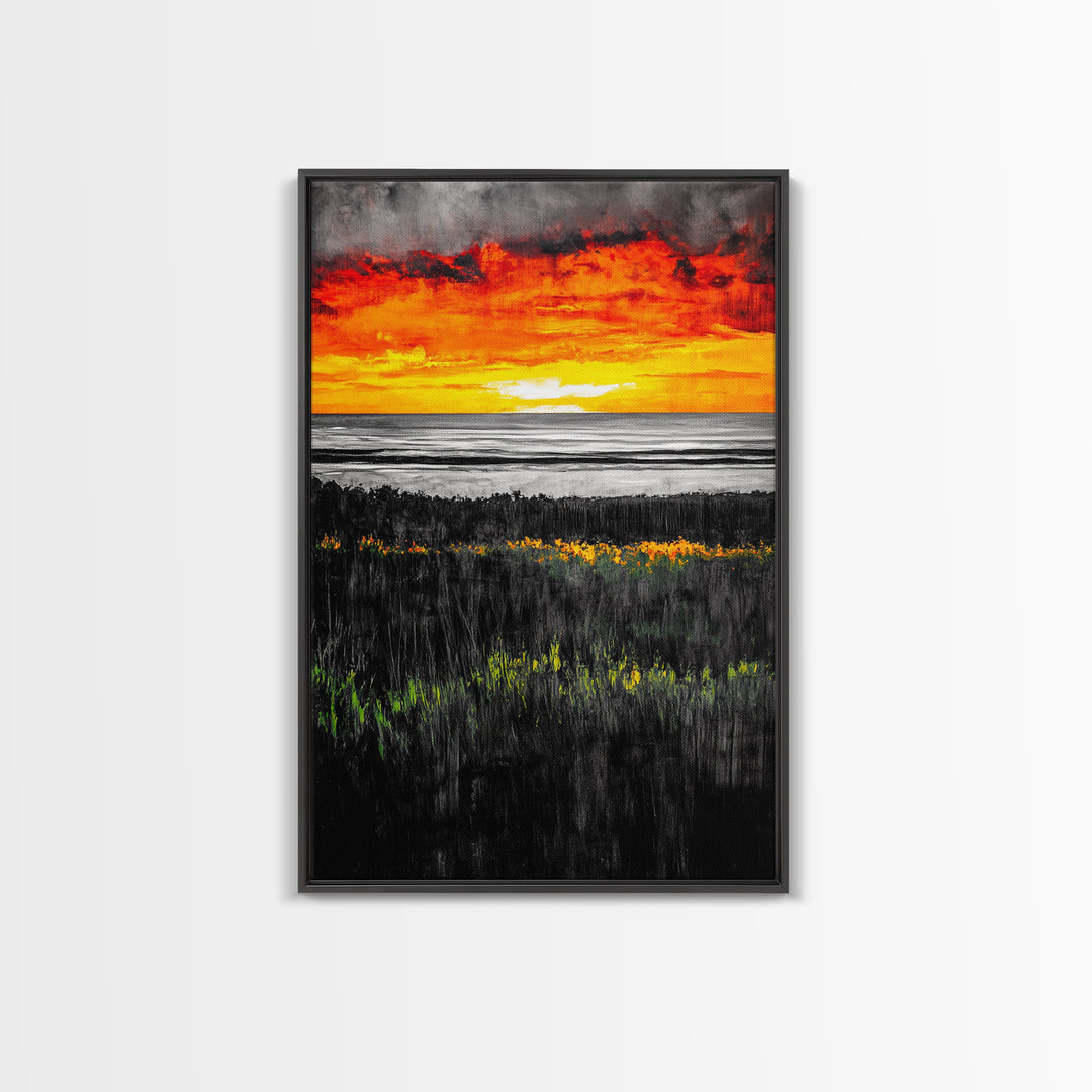 Bold Sunset, Coastal Horizon, Modern Landscape, Framed Canvas Print, Vibrant Seascape Art, Minimalist Beach Decor, Living Room Wall Art