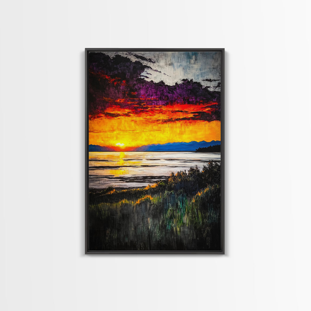 Beach Sunrise, Ocean View, Dramatic Skies, Framed Canvas Print, Large Wall Art, Coastal Home Decor, Serene Landscape, Modern Art