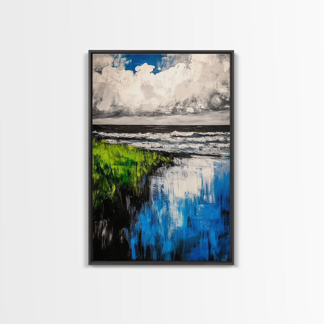 Ocean Reflections, Coastal Wall Art, Blue Abstract Beach Scene, Seascape Framed Canvas Print, Modern Home Decor, Living Room Wall Art