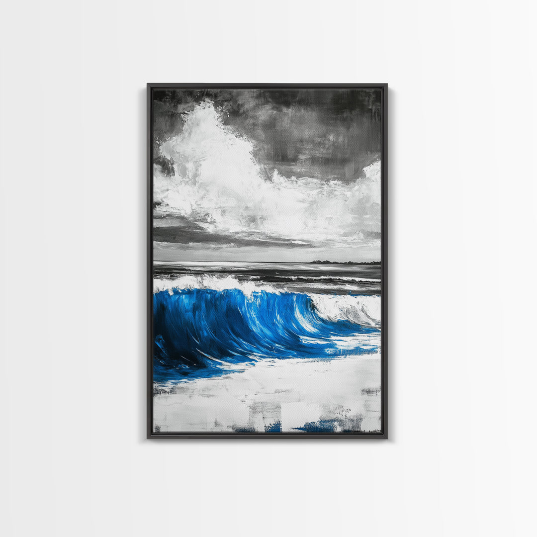 Blue Ocean Wave, Surfing Wall Art, Coastal Beach Print, Nautical Home Decor, Framed Canvas Print, Large Wall Art, Minimalist Seascape