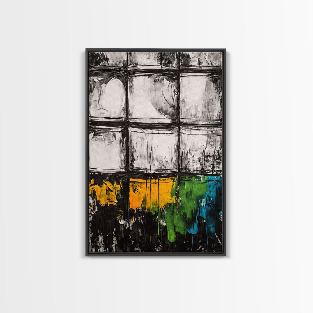 Abstract Windows, Modern Wall Art, Black and White Geometric Print, Industrial Home Decor, Framed Canvas Print, Contemporary Office Art