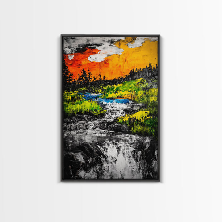 Autumn River, Nature Wall Art, Modern Landscape, Framed Canvas Print, Rustic Home Decor, Office Artwork, Vibrant Sunset Painting