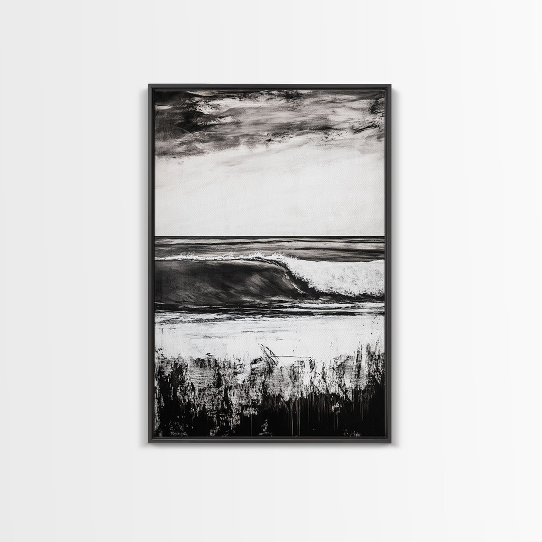 Black White Waves, Ocean Wall Art, Minimalist Coastal, Framed Canvas Print, Beach House Decor, Monochrome Seascape, Surfer Gift