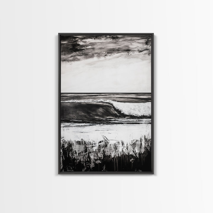 Black White Waves, Ocean Wall Art, Minimalist Coastal, Framed Canvas Print, Beach House Decor, Monochrome Seascape, Surfer Gift