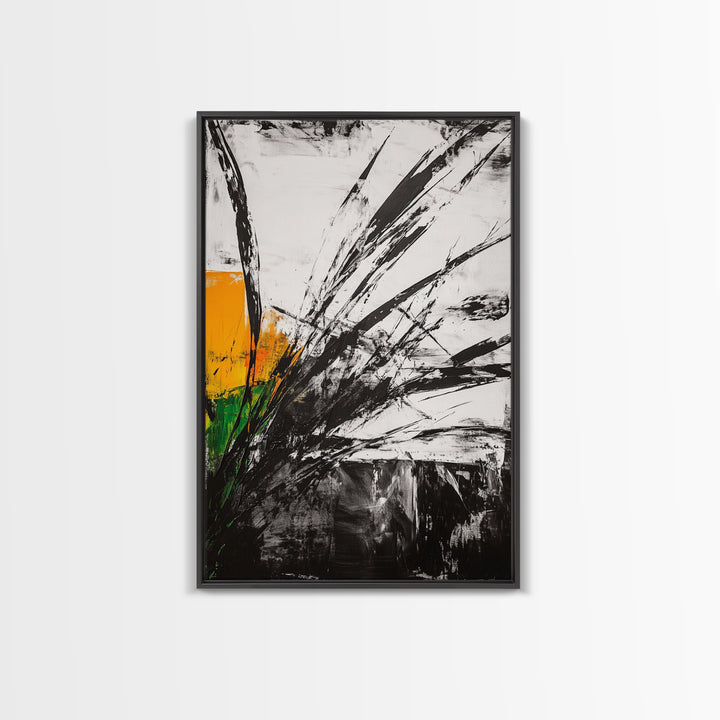 Abstract Grass, Modern Wall Art, Minimalist Home Decor, Framed Canvas Print, Black White Gold, Contemporary Artwork, Bold Design