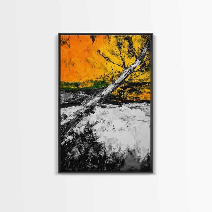 Abstract Tree, Fall Wall Art, Modern Nature Painting, Framed Canvas Print, Rustic Home Decor, Bold Orange Yellow, Unique Artwork