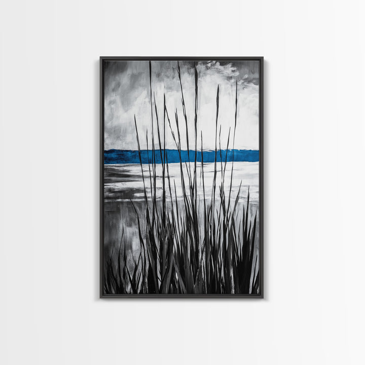 Tall Grass, Serene Lake View, Minimalist Coastal Art, Black White Landscape, Contemporary Home Decor, Canvas Print