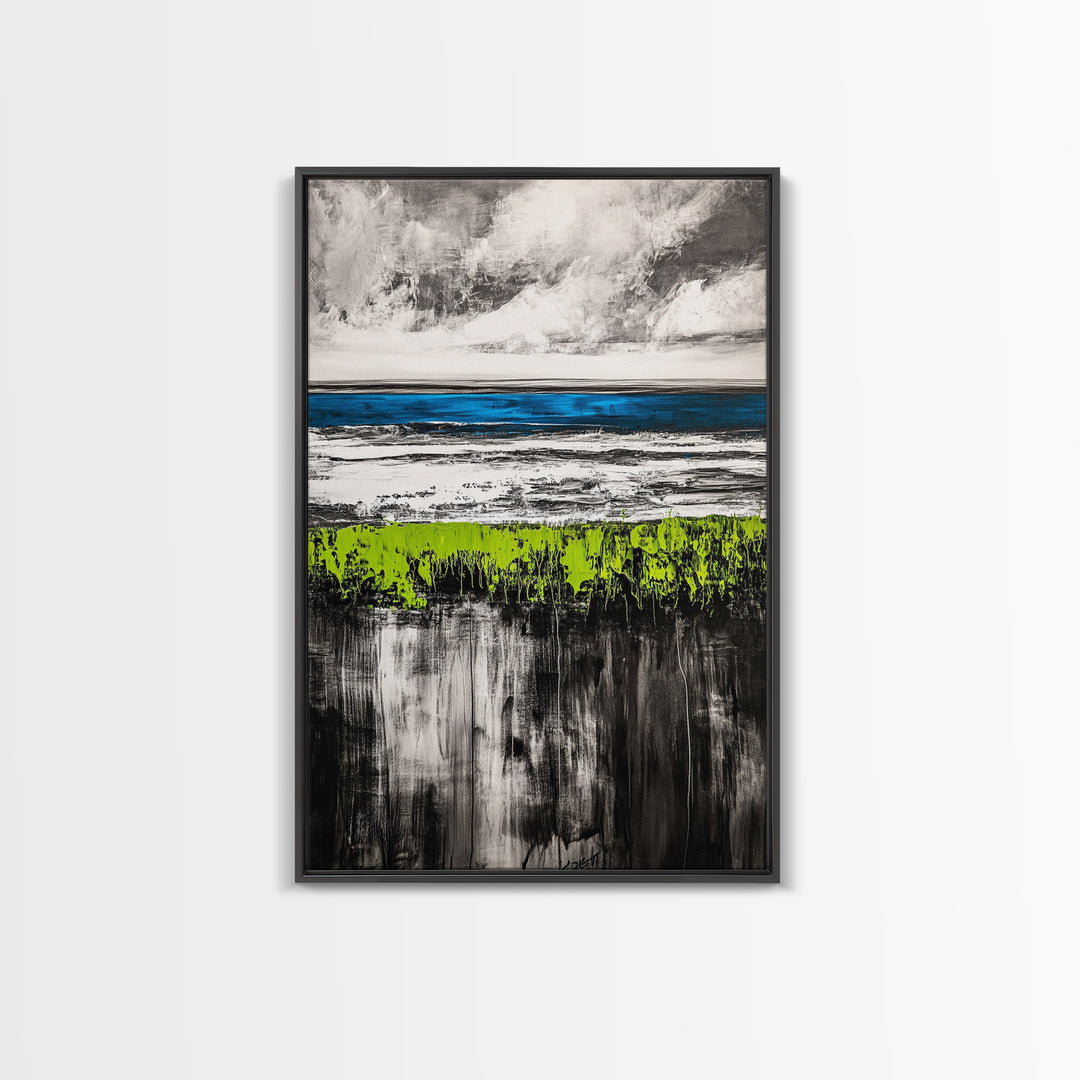 Coastal Horizon, Abstract Ocean, Framed Canvas Print, Beach Wall Art, Nautical Home Decor, Blue and White Art, Modern Living Room Art