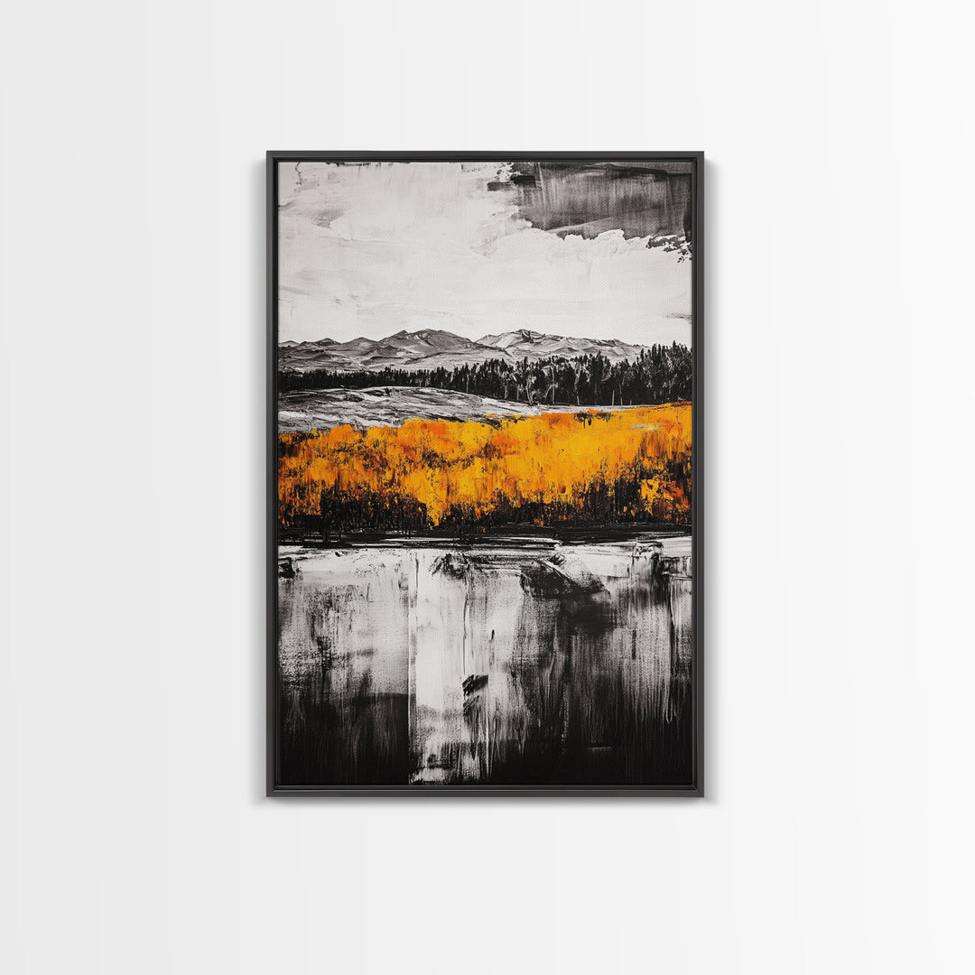 Autumn Mountain Scene, Yellow Trees Reflection, Black White Landscape, Rustic Cabin Art, Cozy Fall Wall Decor, Framed Canvas Print