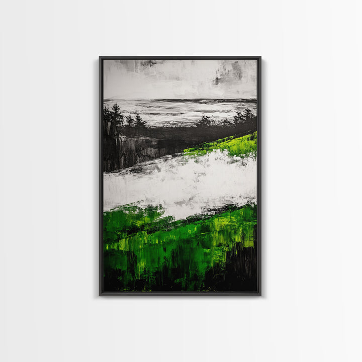 Coastal Cliffs, Ocean Landscape Art, Green Hills Painting, Nature Decor, Outdoor Wall Art, Minimalist Home Print, Framed Canvas Print