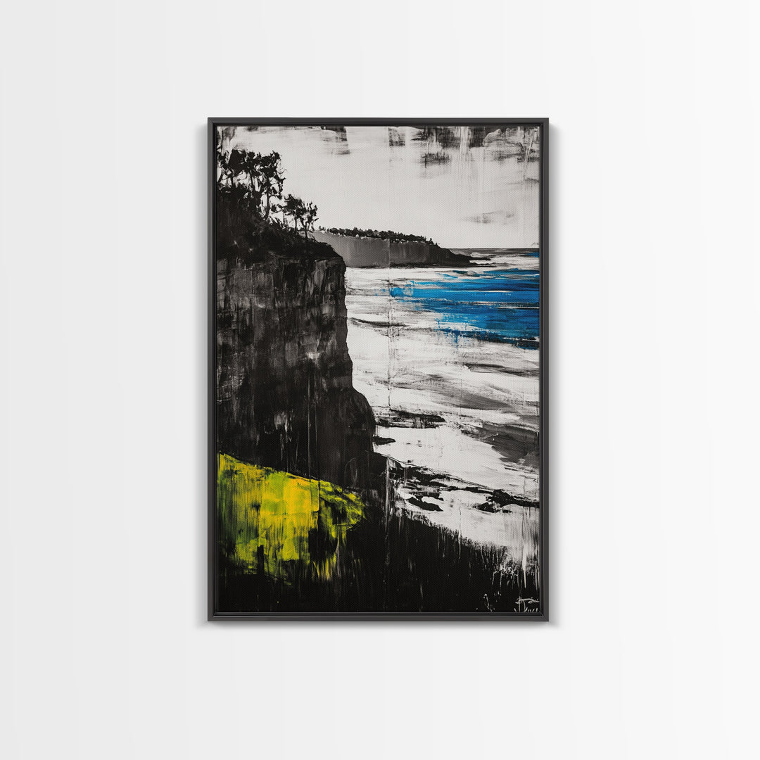 Cliffside View, Ocean Landscape, Modern Coastal Canvas Print, Beach House Wall Art, Black and White Decor, Contemporary Artwork