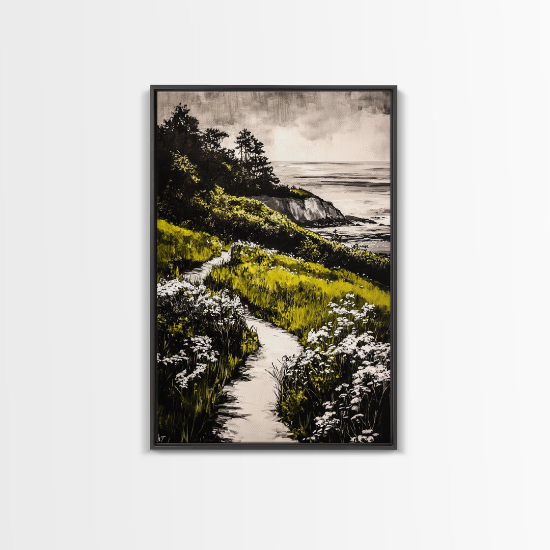 Pathway View, Coastal Nature Painting, Canvas Print, Scenic Landscape, Green and White Wall Art, Serene Home Decor, Boho Artwork