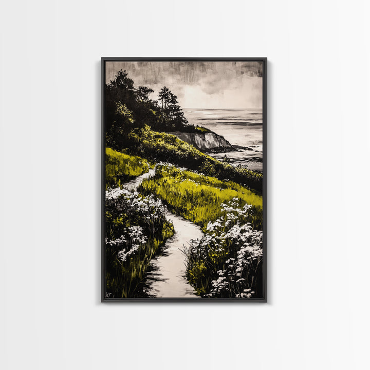 Pathway View, Coastal Nature Painting, Canvas Print, Scenic Landscape, Green and White Wall Art, Serene Home Decor, Boho Artwork