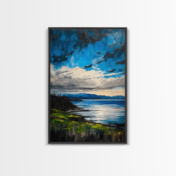 Mountain Lake Art, Nature Print, Landscape Decor, Tranquil Water View, Living Room Wall Art, Cabin Aesthetic, Framed Canvas Print