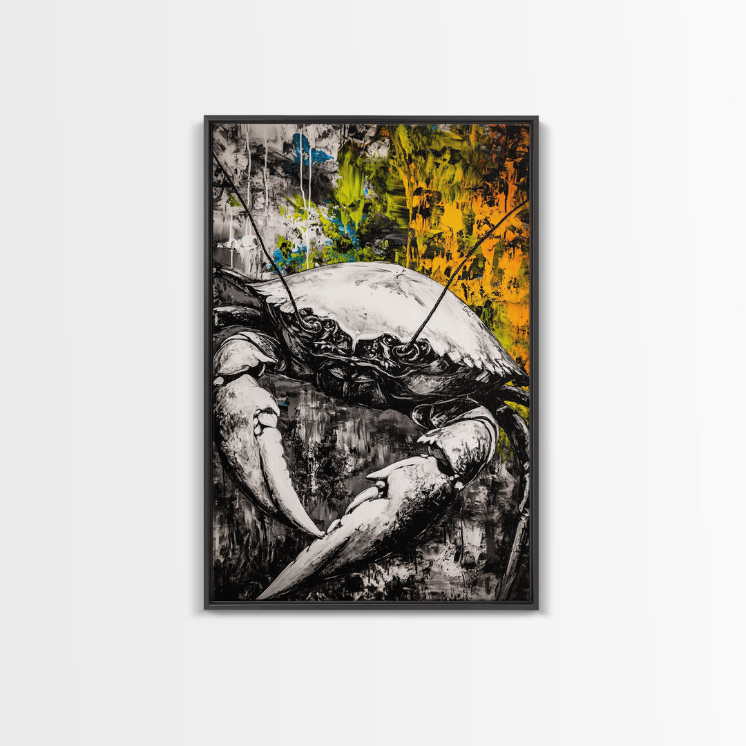 Crab Wall Art, Nautical Coastal Print, Monochrome Decor, Rustic Beach House Art, Marine Illustration, Kitchen Art, Framed Canvas Print