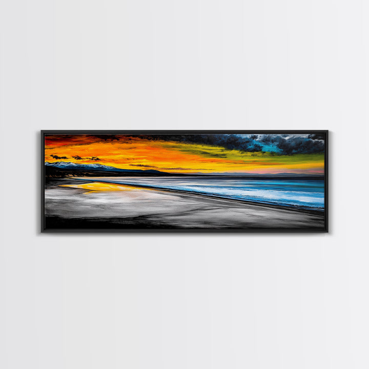 Dramatic Beach Sunset, Golden Coastal Painting, Moody Ocean Wall Art, Vibrant Seascape Print, Tropical Home Decor, Framed Canvas Print