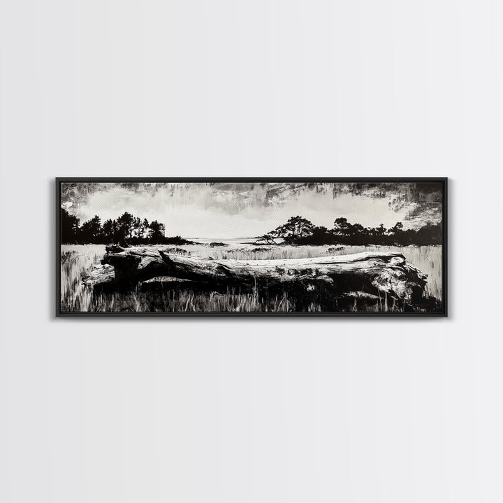 Driftwood Beach, Coastal Landscape, Framed Canvas Print, Black and White Wall Art, Nature Photography Style, Serene Home Decor, Bedroom Art