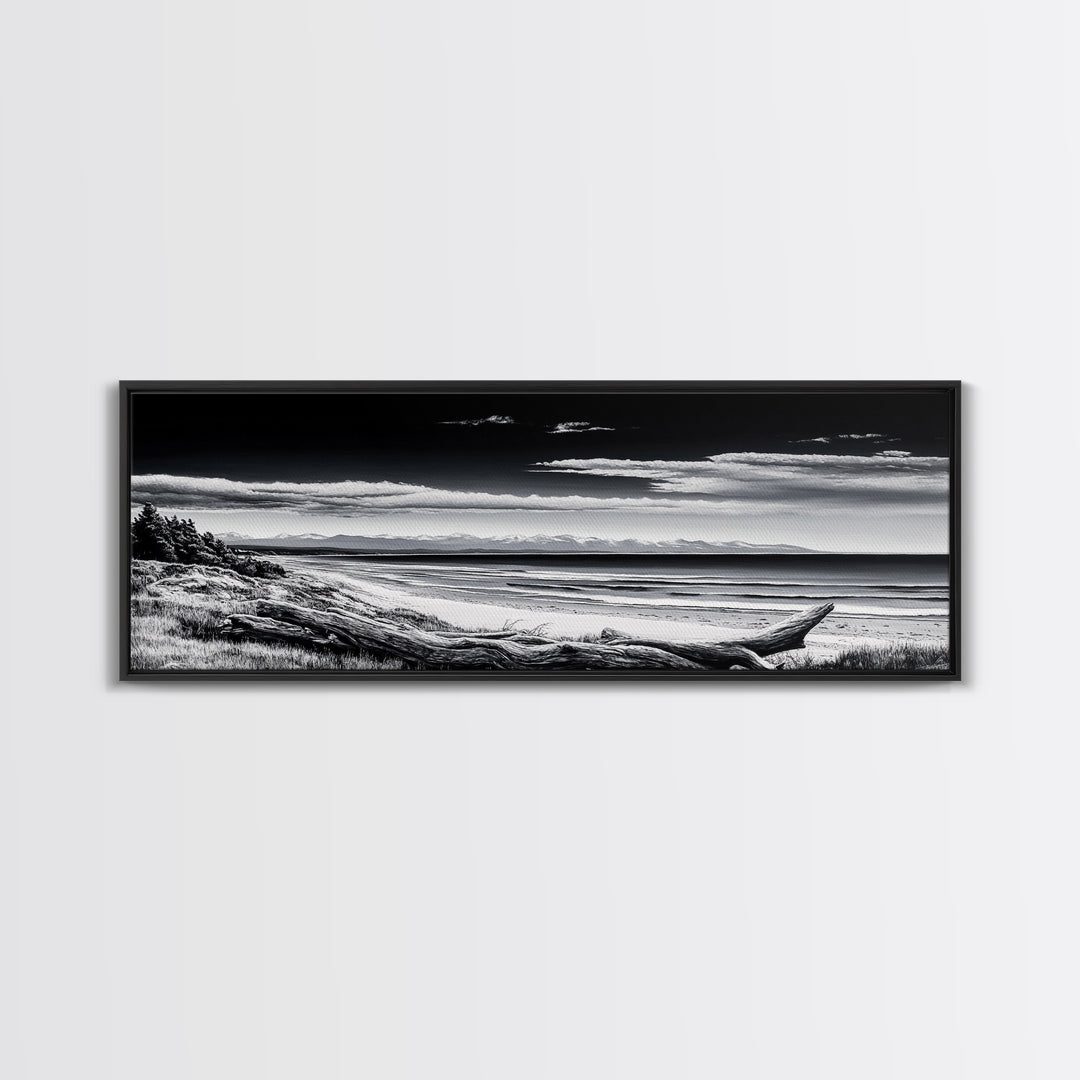 Black and White Beach, Coastal Wall Art, Modern Seascape, Minimalist Art, Monochrome Print, Framed Canvas Print, Bedroom Decor