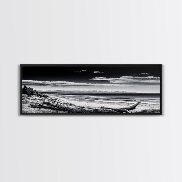 Black and White Beach, Coastal Wall Art, Modern Seascape, Minimalist Art, Monochrome Print, Framed Canvas Print, Bedroom Decor