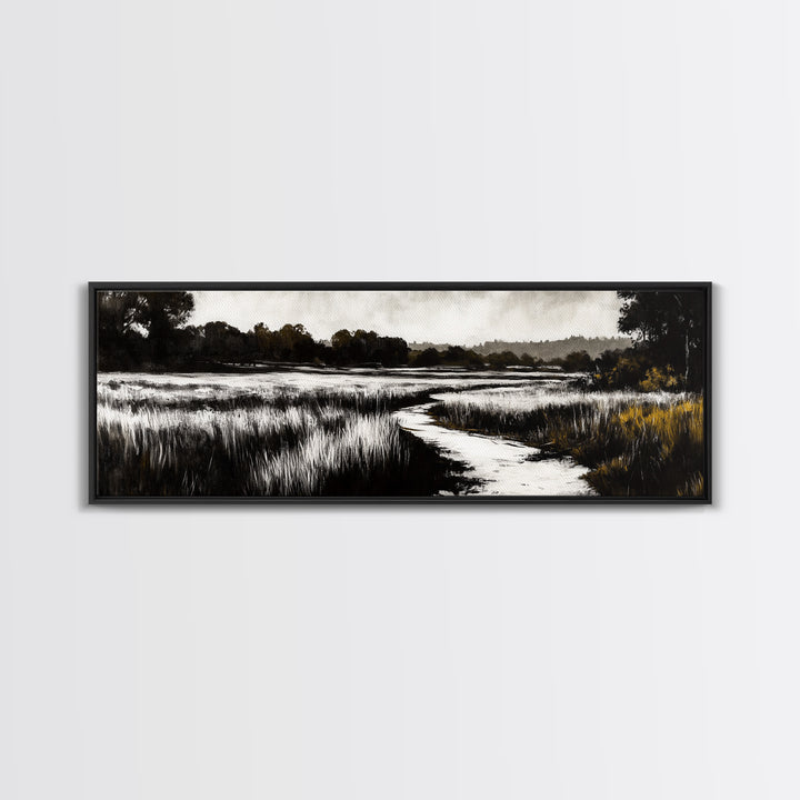 Black and White Marsh, Rustic Landscape, Moody Wall Art, Minimalist Nature Print, Framed Canvas Print, Bedroom Wall Decor