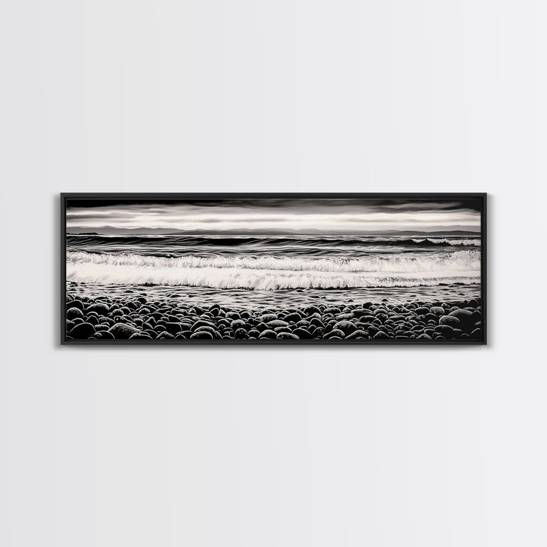 Black and White, Pebble Beach, Monochrome Ocean Art, Coastal Canvas Print, Minimalist Wall Art, Living Room Decor, Framed Canvas Print