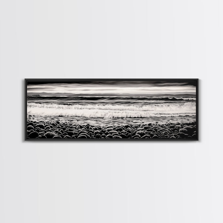 Black and White, Pebble Beach, Monochrome Ocean Art, Coastal Canvas Print, Minimalist Wall Art, Living Room Decor, Framed Canvas Print
