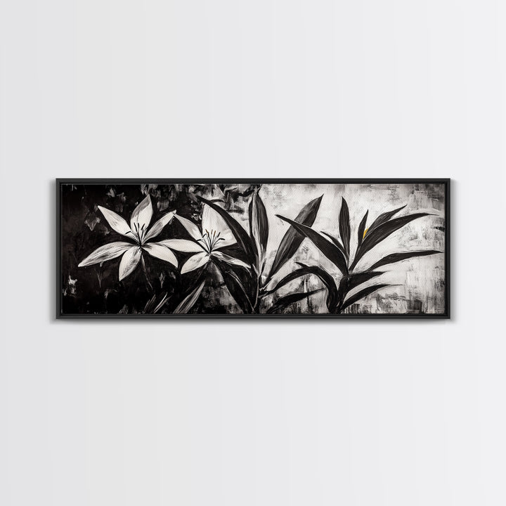 Monochrome Floral, Black and White Flowers, Botanical Wall Art, Minimalist Decor, Framed Canvas Print, Bedroom Art, Modern Aesthetic, Elegant Art