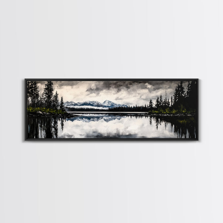 Mountain Reflection, Tranquil Lake Art, Black and White Landscape, Nature Inspired Decor, Framed Canvas Print, Cabin Wall Art, Moody Forest Scene