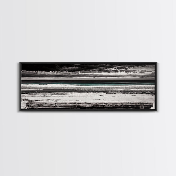 Ocean Bench, Beach Serenity, Black and White Seascape, Minimalist Art, Framed Canvas Print, Calm Coastal, Meditation Space
