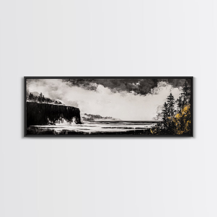 Cliffside Ocean, Dramatic Seascape, Moody Coast, Monochrome, Framed Canvas Print, Coastal Wall Art, Nautical Decor, Large Wall Art