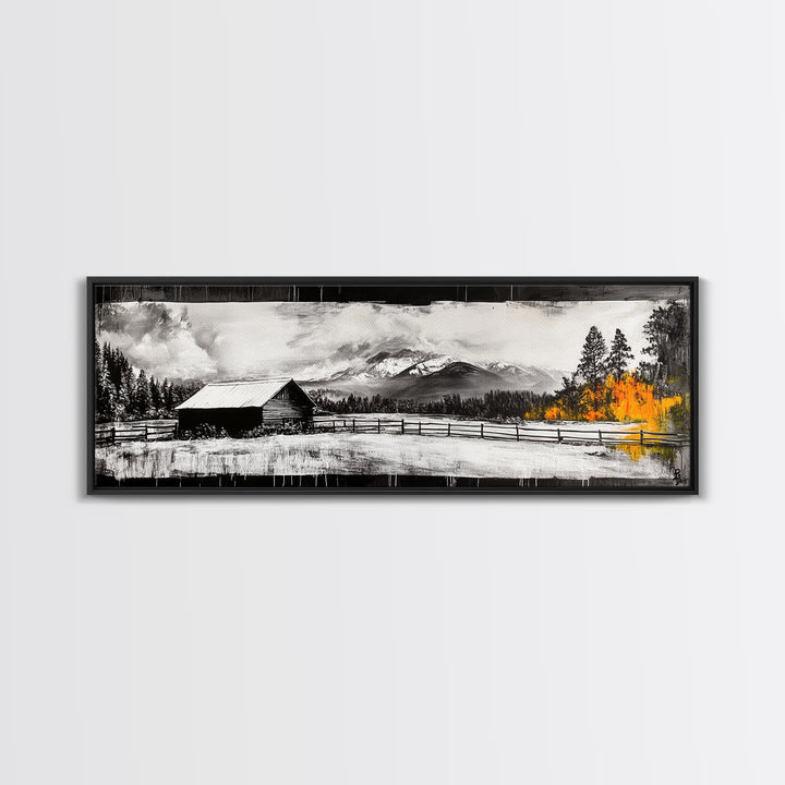 Cabin in Mountains, Rustic Winter Scene, Black and White Art, Fall Forest Accent, Cozy Lodge, Living Room Decor, Framed Canvas Print