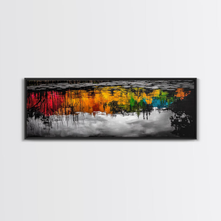 Colorful Reflection, Abstract Water Art, Nature Painting, Autumn Trees, Vibrant Colors, Black and White Contrast, Canvas Print
